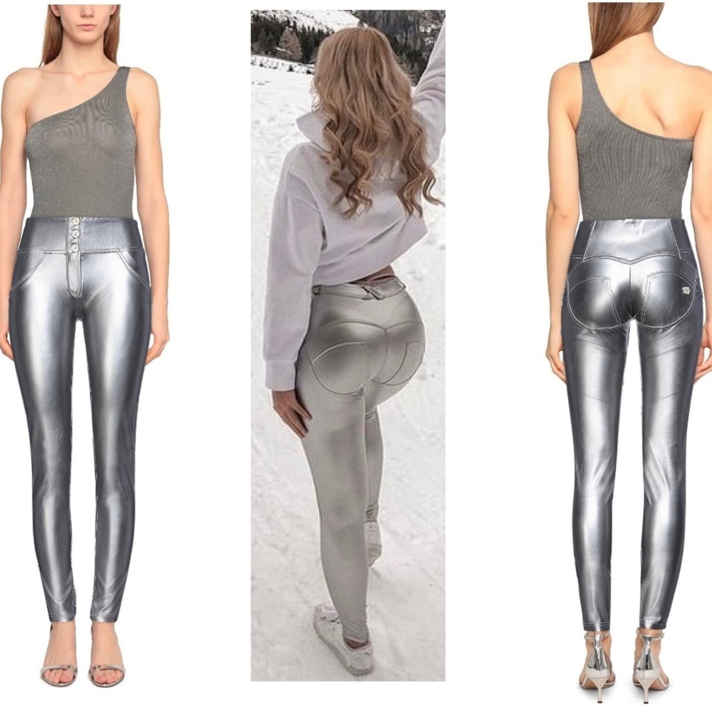 FREDDY WR.UP metallic silver faux leather pleather skinny leggings M NWT Rare